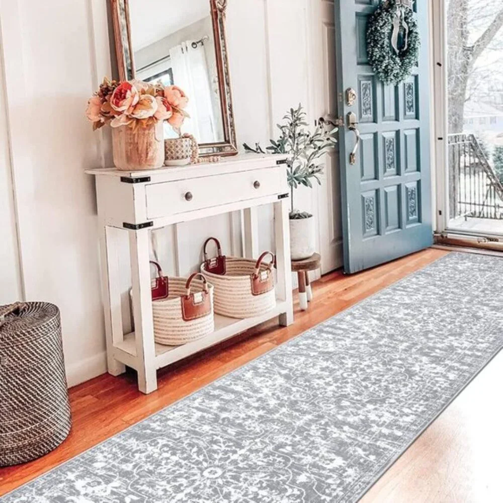 2x10 Grey White Runner Area Rug, Washable Non-Slip Vintage Carpet for Hallway